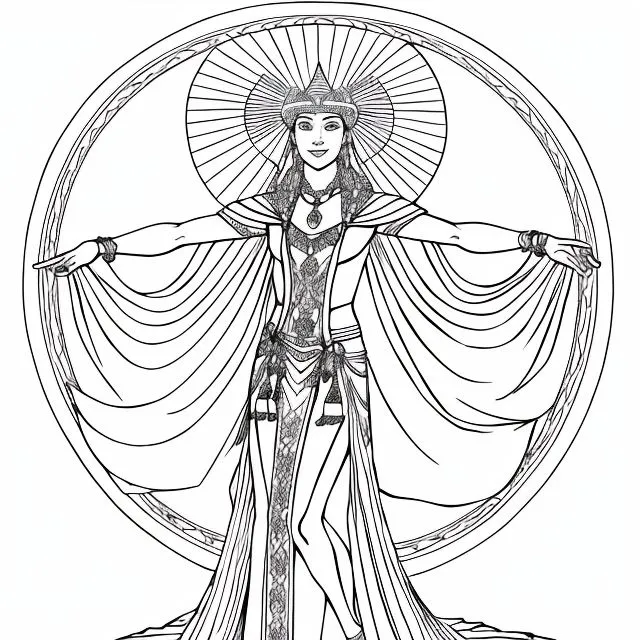 The image is a black-and-white line drawing of a woman standing with her arms outstretched. She is wearing a long, flowing dress and a headdress with a sun symbol on it. She is standing in front of a large circle with rays coming out from it. The image is likely a representation of a goddess or other divine figure.