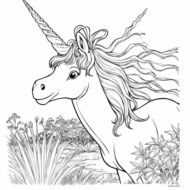 L'image est un dessin au trait noir et blanc d'une licorne. La licorne se tient dans un champ herbeux, entourée de fleurs et d'arbres. La licorne fait face au spectateur et a une crinière et une queue longues et ondoyantes. Sa corne est spiralée. L'image est réalisée dans un style réaliste et la licorne est représentée comme une créature belle et majestueuse.