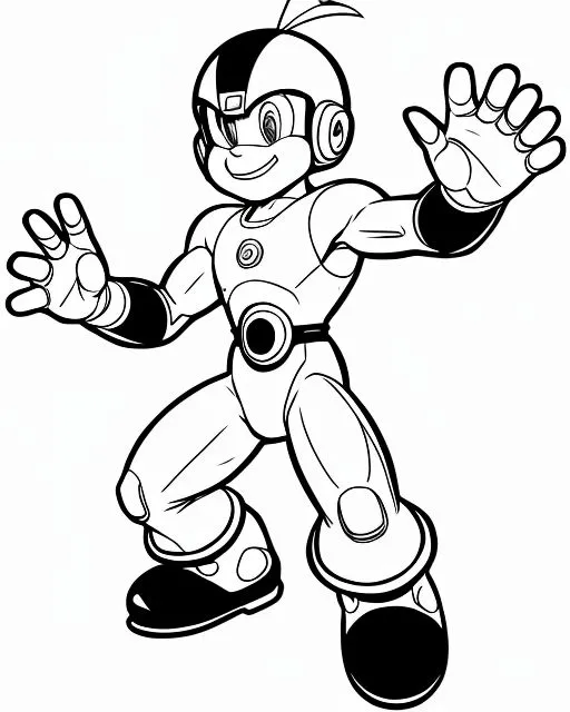 The image is a line drawing of a robot boy. He appears to be happy and is holding his arms out to the side. He is wearing a helmet with a visor, a chest plate, and boots. He also has a small backpack on his back.