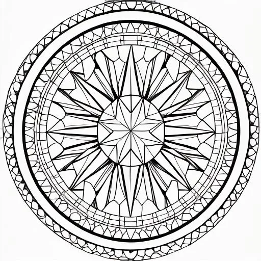 The image is a black and white drawing of a round stained glass window. The window is divided into 12 sections by 12 spokes that radiate out from a central 8-pointed star. Each of the 12 sections is filled with a different geometric pattern. The window is surrounded by a thick border with a repeating pattern of small circles.