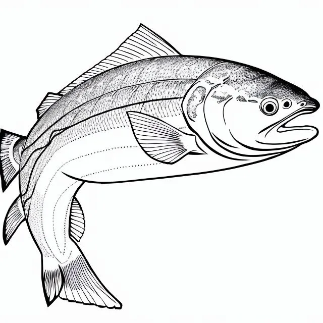 A imagem é um desenho a traço de um peixe. O peixe tem um corpo longo e esguio, com um focinho pontiagudo e um olho grande. As suas barbatanas estão espalhadas e a sua cauda é bifurcada. O peixe está voltado para a esquerda do observador.