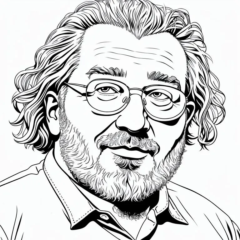 The image is a black-and-white portrait of a man with long, curly hair, a beard, and glasses. He is looking at the viewer with a slight smile on his face. The image is drawn in a realistic style, and the man's expression is one of intelligence and curiosity.