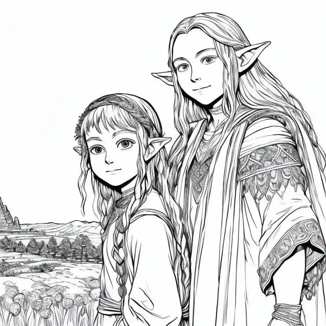 The image is of two elven children. They both have long hair and pointed ears. The girl is wearing a simple dress, while the boy is wearing a more elaborate outfit. The background of the image is a rolling landscape with a river running through it. The image is drawn in a realistic style and the artist has used shading to create depth and dimension.