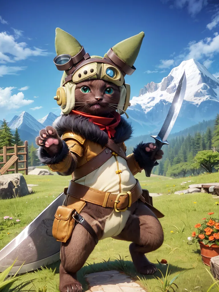 The image shows a cat wearing a hat, scarf, and belt with a knife in its mouth. The cat is standing on a grassy field with mountains in the background. The cat is looking at the viewer with its paws in the air.