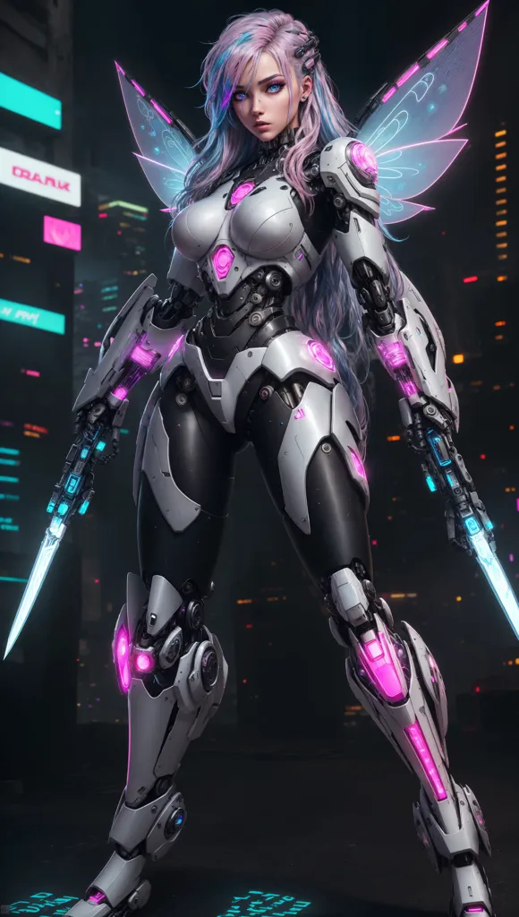 The image is of a female character with long white and pink hair with blue eyes. She is wearing a white and black bodysuit with pink highlights and has fairy wings made of light. She is also holding two katanas. The background is a dark city with neon lights.