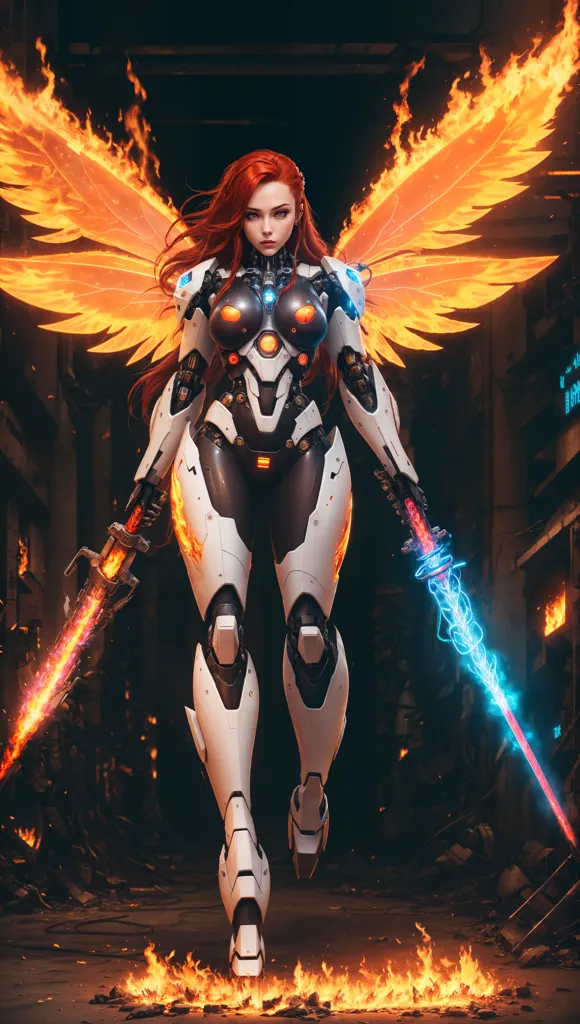 This is an image of a woman standing in a dark place. She has long red hair and is wearing a white and orange bodysuit with a glowing orange core and metal wings. She is also holding two swords, one in each hand. The background is dark and there are flames on the ground.