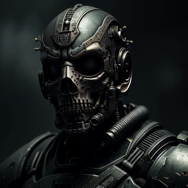 The image is a dark and detailed portrait of a cyborg skull. The skull is made of metal and has a steampunk aesthetic. The eye sockets are empty and there is a glowing light coming from inside the skull. The cyborg is wearing a helmet that covers the top of its head and has a visor over its eyes. There are a number of tubes and wires coming out of the back of the helmet. The cyborg's shoulders are covered in armor and there is a large cog visible on its chest. The background is dark and there is a spotlight shining down on the cyborg.