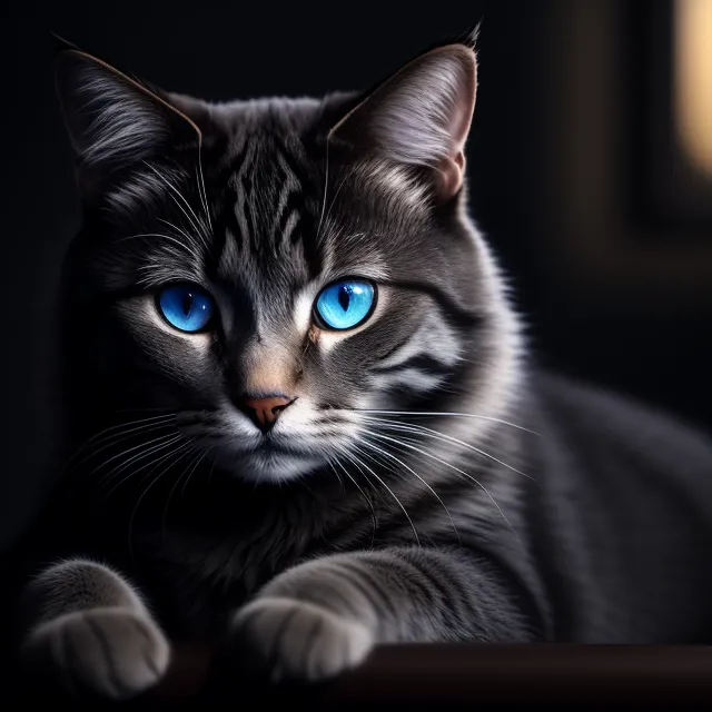 A gray cat with blue eyes is sitting on a dark surface. The cat is looking at the camera with its head slightly turned to the left. The cat's fur is short and smooth. The background is dark, but there is a light source on the left side of the image that is illuminating the cat's face.