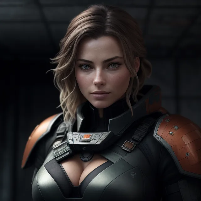 The image is a portrait of a young woman in a futuristic military uniform. She has short blonde hair, blue eyes, and a confident expression on her face. She is wearing a black and orange bodysuit with a high collar and shoulder pads. The bodysuit is dilengkapi dengan a utility belt and a chest plate. She is also wearing a helmet with a visor. The background of the image is a dark, metallic wall with a spotlight shining down on the woman.