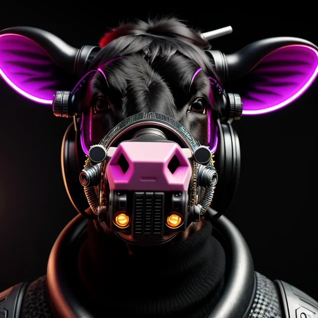 The image is a photo of a cow wearing a black and pink gas mask with tubes coming out of it. The cow's ears are tagged with pink neon lights and it's wearing a black suit with a pink light on its chest. The cow is standing in front of a black background and is looking at the camera.