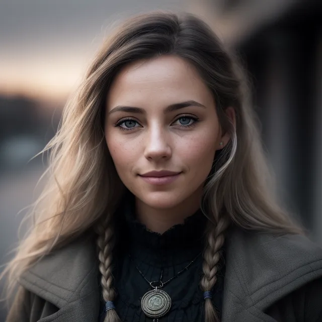 The image shows a young woman with long blonde hair, blue eyes, and a fair complexion. She is wearing a dark green coat and a black top. The image is taken from a slightly elevated angle, which makes the woman appear to be looking down at the viewer. The background is blurred, which helps to focus the viewer's attention on the woman. The woman has a serene expression on her face, and her eyes are looking directly at the viewer. Her hair is braided and she is wearing a necklace with a pendant.