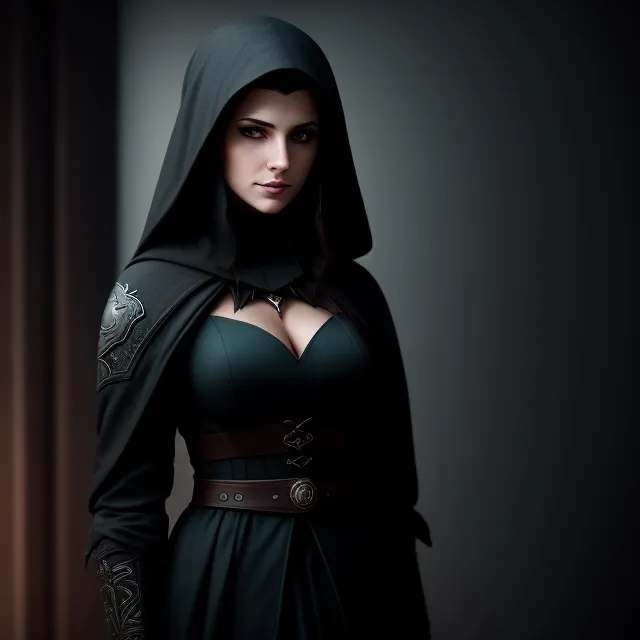 This is an image of a woman in a green dress with a dark green hood. The woman is standing in a dark room and looking at the viewer. She has long brown hair and green eyes. She is wearing a necklace and a belt. The woman is holding a staff in her right hand. The staff is made of wood and has a crystal on the end.