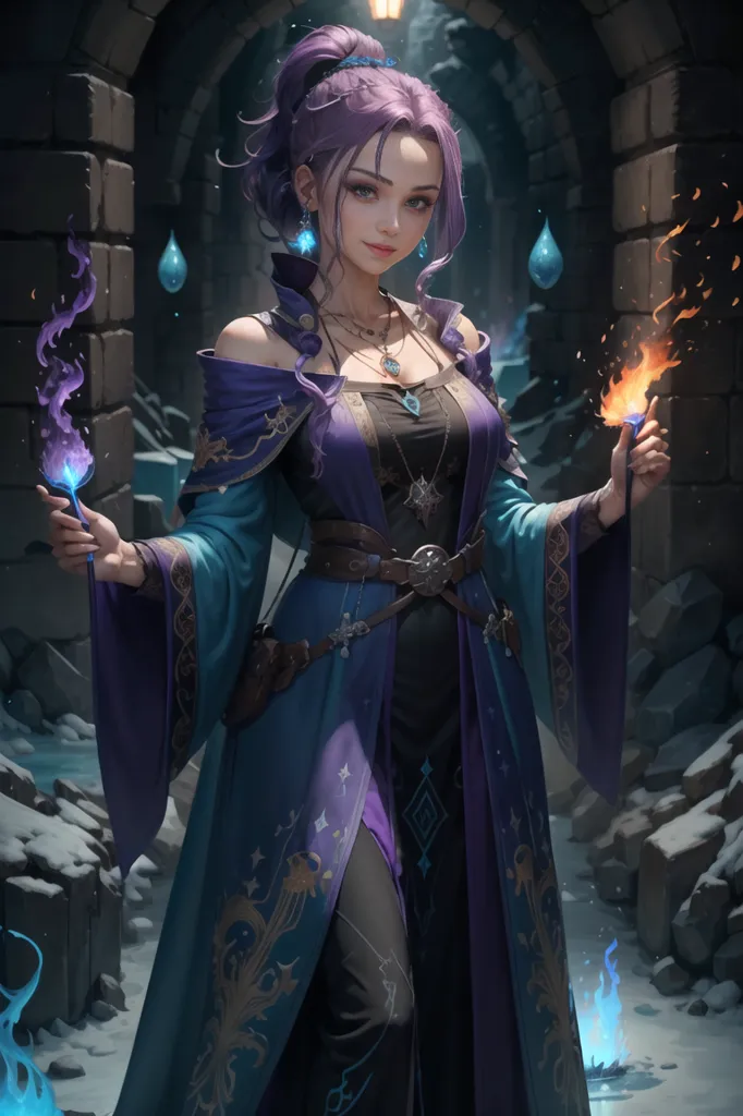 L'image montre une jeune femme debout dans un endroit sombre. Elle a de longs cheveux violets et des yeux bleus. Elle porte une robe violette et bleue ainsi qu'une ceinture marron. Elle tient un bâton dans sa main droite et une boule de feu dans sa main gauche. Il y a aussi des symboles magiques bleus et violets qui flottent autour d'elle.