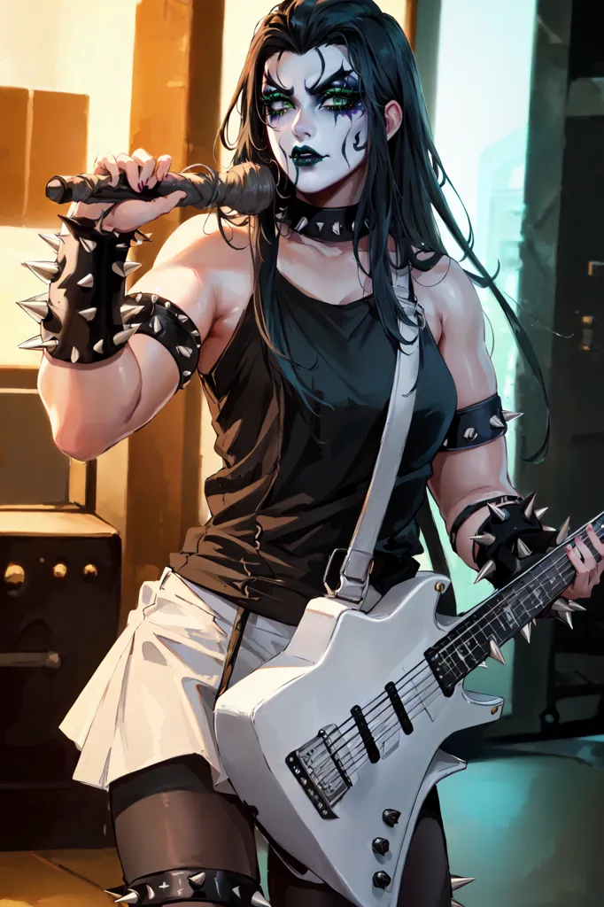 The image is of a woman with long black hair and green eyes. She is wearing a black tank top, a white skirt, and a pair of black boots. She is also wearing a lot of jewelry, including a necklace, a bracelet, and a pair of earrings. She is holding a white electric guitar and is standing in front of a microphone. She has a dark look on her face and is looking at the camera.