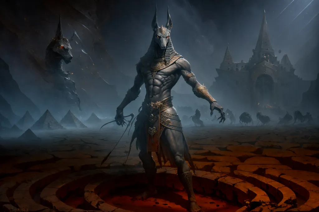 The image shows a muscular man with the head of a jackal. He is wearing a loincloth and has a collar around his neck. He is standing in a desert surrounded by pyramids and jackals. There is a dark sky with clouds in the background.