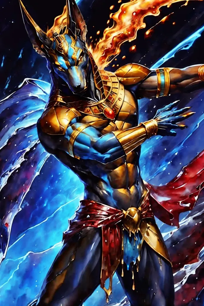 La imagen muestra a Anubis, el dios egipcio de la muerte y el más allá. Se le representa como un hombre musculoso con cabeza de chacal. Lleva un taparrabos dorado y tiene un fajín rojo alrededor de la cintura. Su piel es azul y sus ojos son amarillos. Está de pie en un fondo azul ardiente.