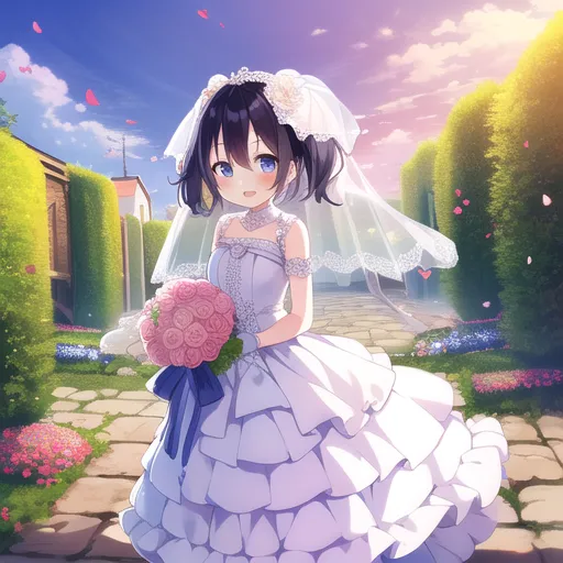 The image shows an anime-style girl with short black hair and blue eyes. She is wearing a white wedding dress with a blue sash and a long white veil. She is holding a bouquet of pink roses. The girl is standing in a garden, surrounded by green hedges and pink flowers. There is a stone path leading away from her, and a large building with a clock tower in the distance. The sky is a clear blue with a few white clouds.