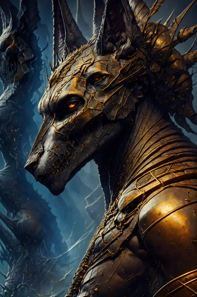 The image is a dark and detailed depiction of a jackal-headed god. The creature is standing on a rocky outcrop, surrounded by swirling clouds. The jackal's fur is black and matted, and its eyes are a deep, piercing red. Its teeth are bared in a snarl, and its claws are extended. The jackal is wearing a collar of gold and lapis lazuli, and its body is covered in intricate tattoos depicting various Egyptian gods. The background of the image is a dark, swirling vortex of clouds. The jackal-headed god is a powerful and menacing figure, and the image is full of tension and suspense.