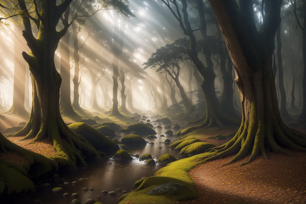 The image is a photo of a lush green forest with a river running through it. The trees are tall and have thick, green leaves. The sunlight is shining through the trees, creating a dappled pattern on the ground. There is a small waterfall in the river, and the rocks in the river are covered in moss. The forest is full of ferns, moss, and other plants.