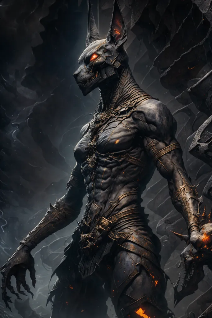 The image shows a creature with the body of a man and the head of a jackal. It is standing in a dark, smoky place. The creature is muscular and has dark fur. Its eyes are glowing red and it has a scar on its left cheek. It is wearing a loincloth and has a collar around its neck. It is also wearing a belt with a buckle in the shape of a scarab. The creature is holding a staff in its right hand. The staff is made of wood and has a curved top. The creature is standing in a relaxed pose and is looking out at the viewer.