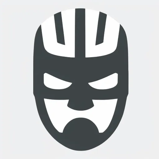 This is a black and white image of a superhero mask. The mask has three white stripes going down the front and white around the eyes. The mask is also has a frowning expression.