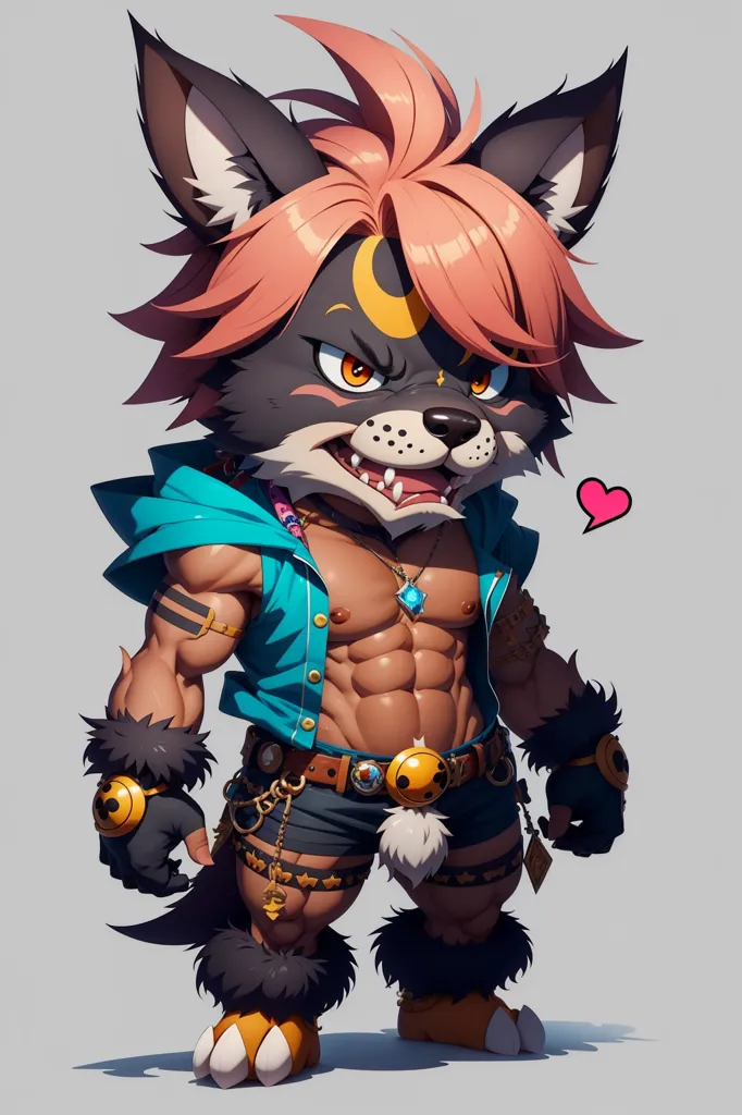 The image is of a muscular anthropomorphic wolf with pink hair. He is wearing a blue shirt, a necklace, and a belt. He has a crescent moon on his forehead and a heart-shaped gem on his neck. He is standing with his feet shoulder-width apart, his hands on his hips, and his tail is wagging. He has a confident expression on his face.