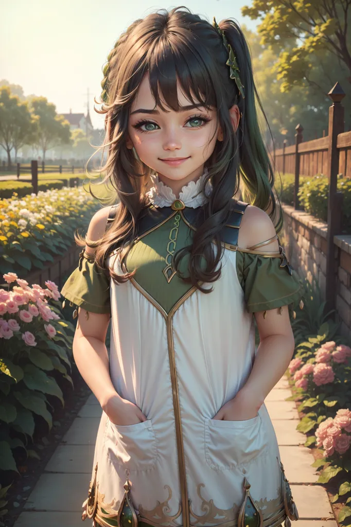 The image shows a young girl with long brown hair and green eyes. She is wearing a white dress with a green apron. The dress has a green and gold collar. There are pink flowers on either side of her. She has her hands in her apron pockets and is smiling at the viewer. There is a stone wall to her right covered in vines. In the distance is a road with trees and buildings.