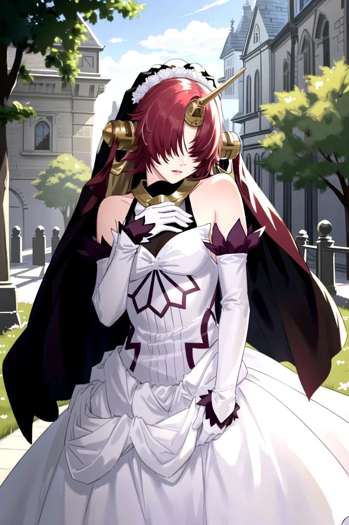 This image shows a woman wearing a white and purple wedding dress with a long veil and a golden headdress. She has red hair and purple eyes, and she is standing in a courtyard surrounded by trees and buildings.