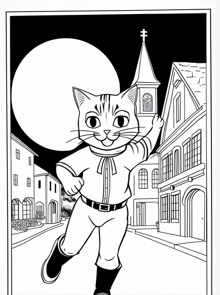 The image is of a cat wearing a hat, boots, and a cape. It is standing on a rooftop in front of a full moon. The cat has its paw raised in the air, as if it is about to pounce. In the background, there is a cityscape with buildings, trees, and a church. The image is drawn in a manga style.