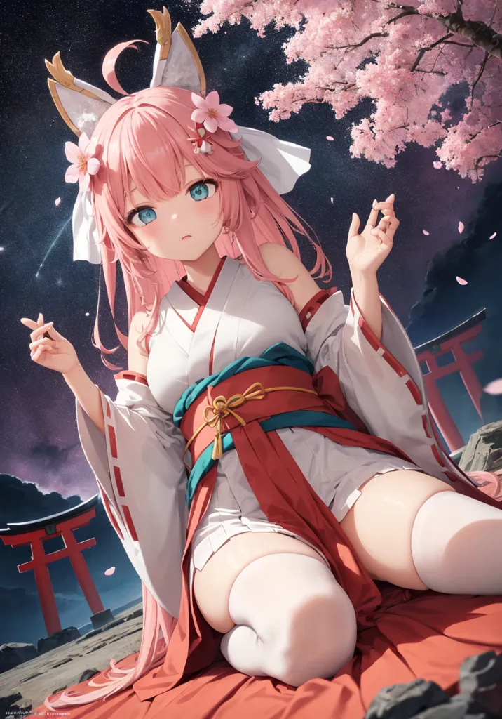 La imagen es de una chica de anime con el cabello rosa y los ojos azules. Lleva un kimono blanco y rojo con un obi azul. Tiene un lazo rosa en el cabello y está sentada sobre una roca frente a una puerta torii. El fondo es un cielo nocturno con flores de cerezo.