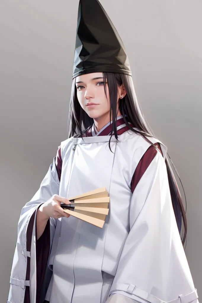 A imagem mostra um jovem vestido com um traje tradicional japonês. Ele está usando um chapéu preto eboshi e um quimono branco com detalhes vermelhos. Ele tem cabelos pretos longos e olhos castanhos, e está segurando um leque.