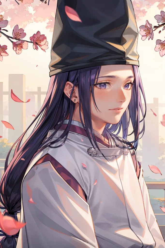 The picture shows a young man in a traditional Japanese outfit. He is wearing a black eboshi hat and a white kimono with a purple sash. He has long purple hair and purple eyes. He is standing in a field of cherry blossoms. The petals are falling around him. The background is a blurred image of a Japanese temple.