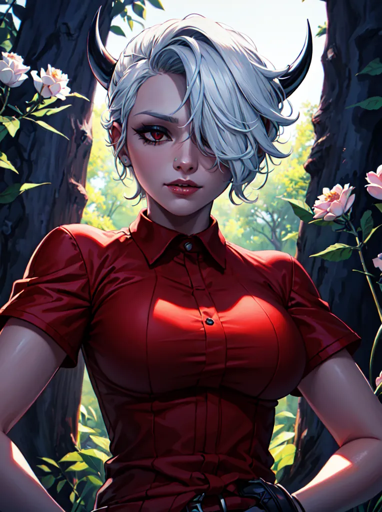 The picture shows a young woman with short white hair and black horns. She is wearing a red short-sleeved shirt and black pants. She has red eyes and a serious expression on her face. She is standing in a forest, with green trees and white flowers in the background.