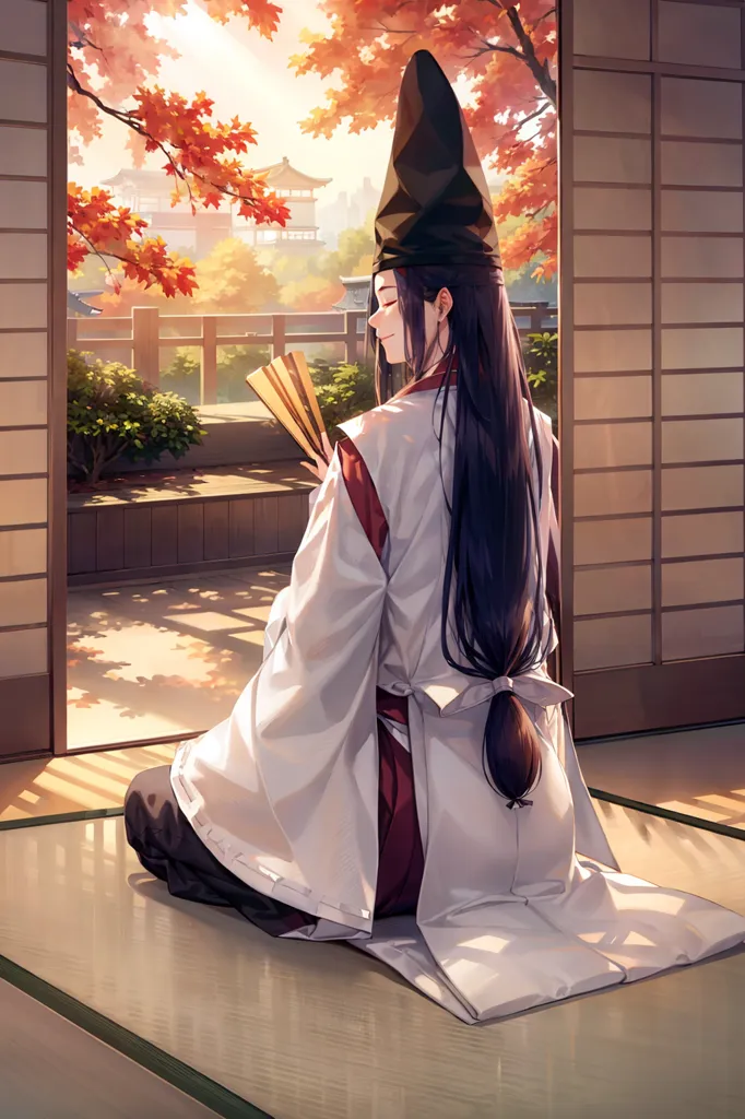 The image is of a young man in traditional Japanese clothing. He is sitting on the floor in a seiza position, with his legs folded under him. He is wearing a white kimono with a red sash, and a black haori jacket. His long black hair is tied back in a ponytail. He is holding a fan in his right hand. The background is a traditional Japanese room, with a fusuma door and a tatami mat floor. There is a tree outside the window with red leaves.