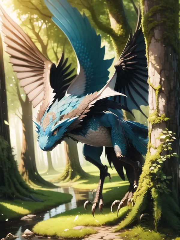 The image is a digital painting of a blue dragon in a forest. The dragon is standing on a rock in the middle of a stream. It has its wings spread out and is looking to the left of the frame. The dragon is blue and green with black wings and a white belly. It has a long tail and sharp claws. The forest is green and lush, with tall trees and a variety of plants. The sun is shining through the trees, creating a dappled pattern on the ground.