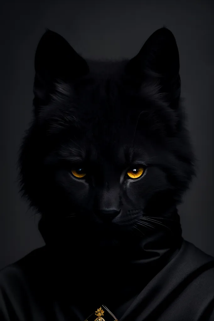 Gambar ini adalah lukisan digital seekor kucing hitam yang mengenakan kalung hias berwarna hitam dan emas. Mata kucing itu berwarna kuning cerah dan bulunya panjang serta lebat. Latar belakangnya berwarna abu-abu gelap. Kucing itu menatap penonton dengan ekspresi serius.