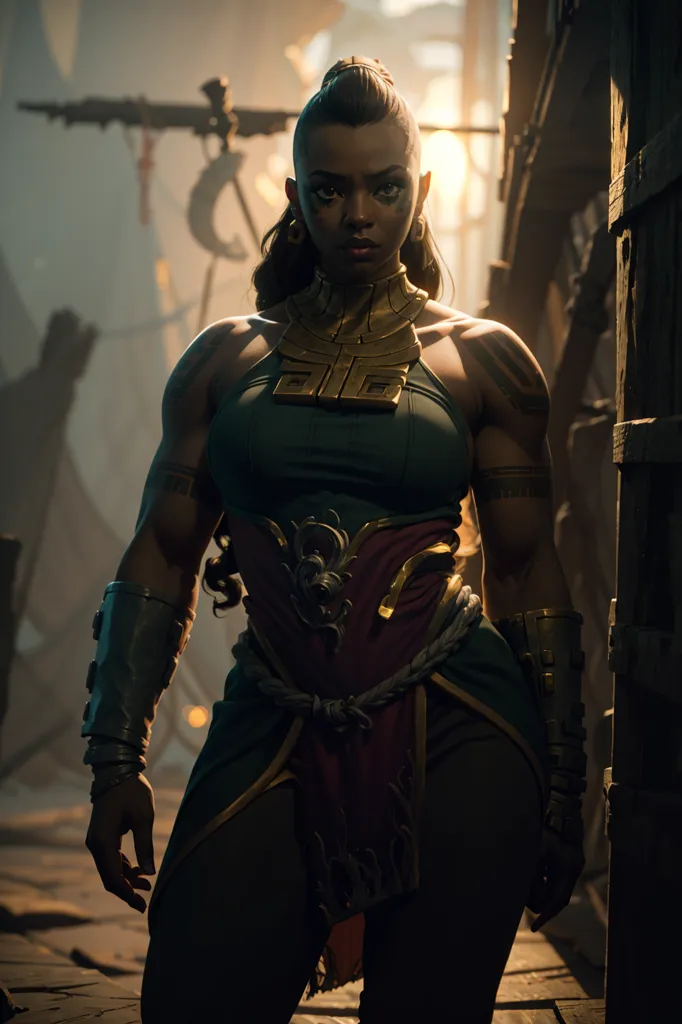 The image shows a muscular dark-skinned woman with a determined expression on her face. She is wearing a blue and purple outfit and has a large gold necklace around her neck. Her hair is short and styled in a mohawk. She is standing in a dark room. There is a wooden door to her right and a large metal object in the background.