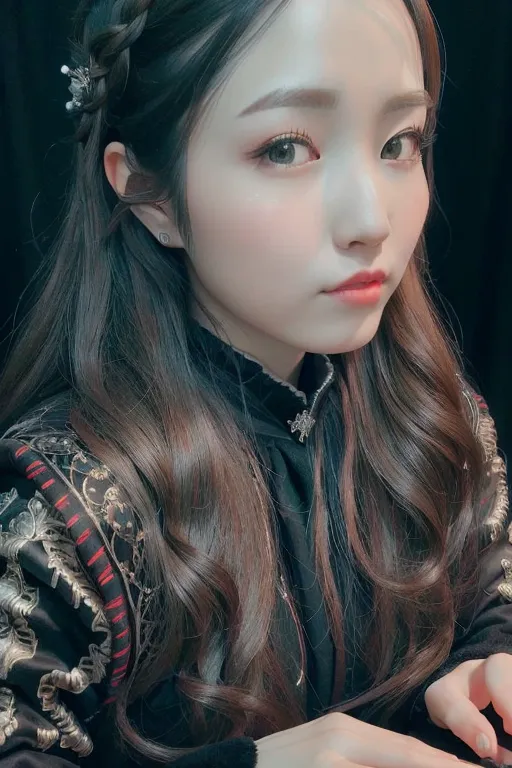 The picture shows a young woman with long, dark hair. She is wearing a black hanbok with gold and red embroidery. Her hair is styled in a half-up, half-down style with a braid on one side. She is wearing light makeup with a pink blush and a nude lip. She is looking at the camera with a serious expression.