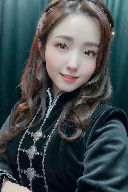 The image shows a young woman with long, wavy brown hair. She is wearing a black velvet jacket with silver buttons and a white lace collar. She is smiling at the camera. She is wearing light makeup and her hair is styled in a half-up, half-down style.