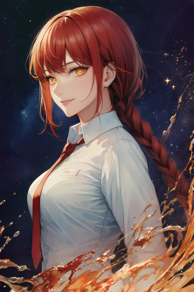 This is an image of a young woman with long red hair and yellow eyes. She is wearing a white shirt and red tie. She has a confident smile on her face. There are stars in the background and an orange liquid in the foreground. The image is likely drawn in an anime style.