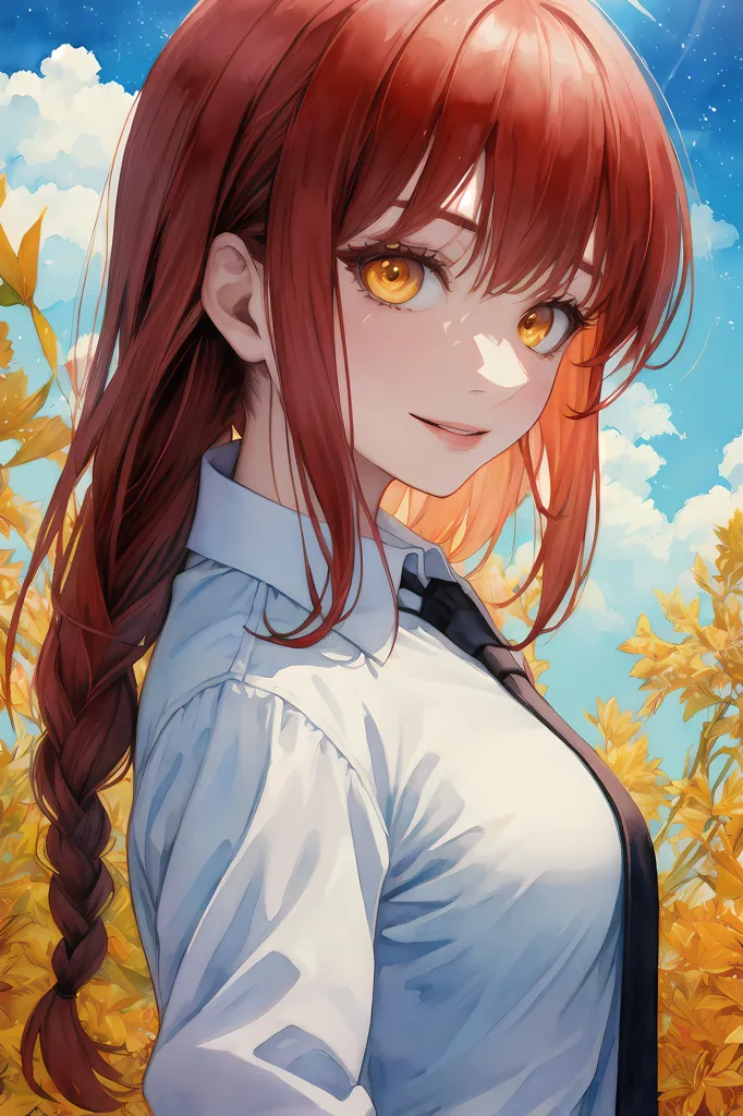 This is an image of a young woman with long red hair and yellow eyes. She is wearing a white shirt and black tie. There are yellow flowers in the background and a blue sky with white clouds. The woman is smiling.