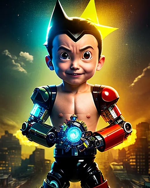 The image shows a young boy with spiky black hair and brown eyes. He is wearing a red and yellow suit of armor with a large yellow star on his chest. He has a confident smile on his face and is standing with his fists clenched at his sides. There is a glowing blue orb in the center of his chest. The background is a blurred city scene with a large glowing moon in the sky.