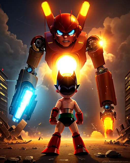 The image shows a scene from a movie or cartoon. There is a giant robot with red and yellow armor and a human-like face. It is standing in a city, and there are buildings and cars in the background. The robot is looking down at a small boy with spiky black hair and a red and white outfit. The boy is standing in front of the robot, and he is looking up at it with a determined expression. The robot has its fists raised, and it looks like it is about to attack the boy. The boy is surrounded by rubble, and it looks like the robot has just destroyed a building.