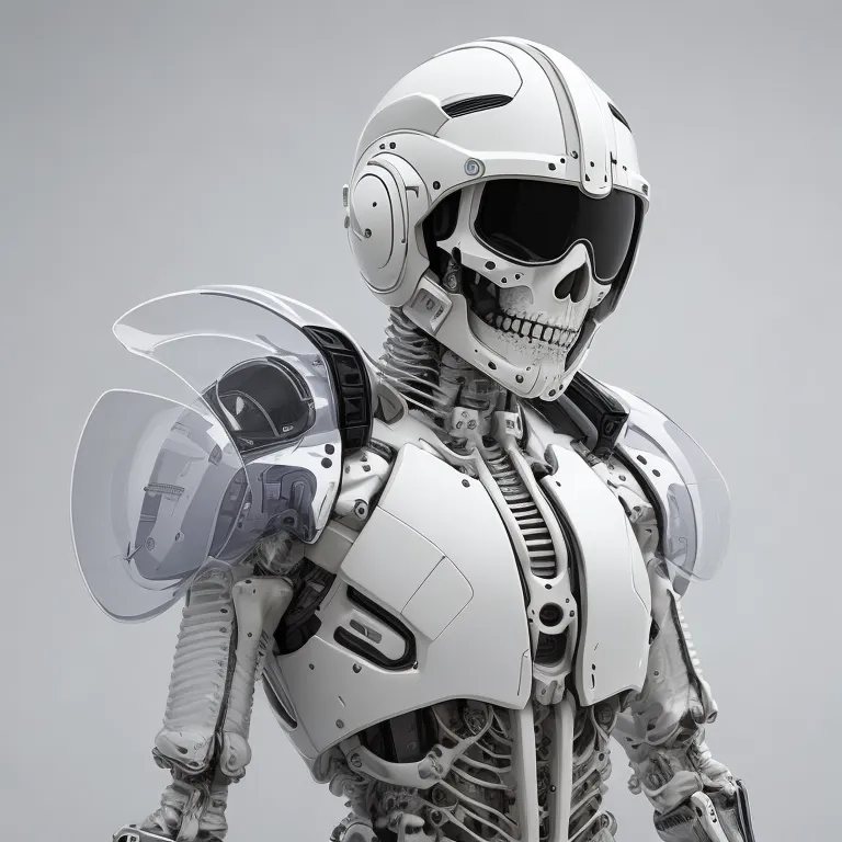 The image is a digital painting of a skull wearing a white futuristic helmet with black visor. The skull is surrounded by a white frame that looks like a futuristic armor. The background is a light gray.