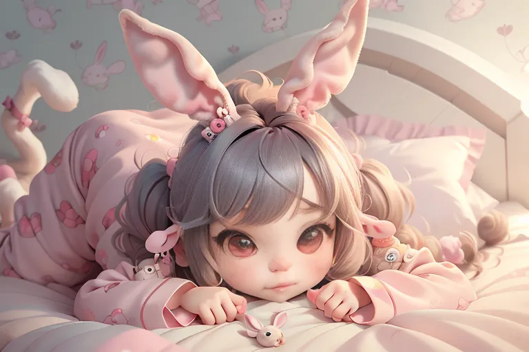 The image is of a young girl with rabbit ears and a rabbit tail. She is wearing a pink and white striped jumpsuit with a hood. The girl is lying on a bed with a pink blanket and a white pillow. She has a small stuffed animal rabbit toy on the bed with her. The girl is looking at the viewer with a shy expression.