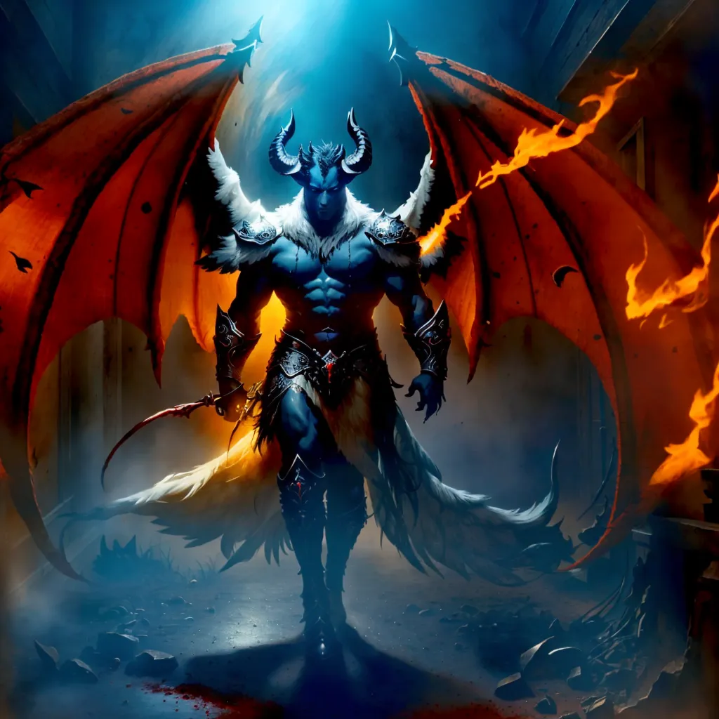 This is a picture of a muscular blue demon with red and orange wings. He has horns on his head and a goatee. He is wearing a loincloth and boots. He is holding a sword in his right hand. He is standing in a dark place with a fire in the background.