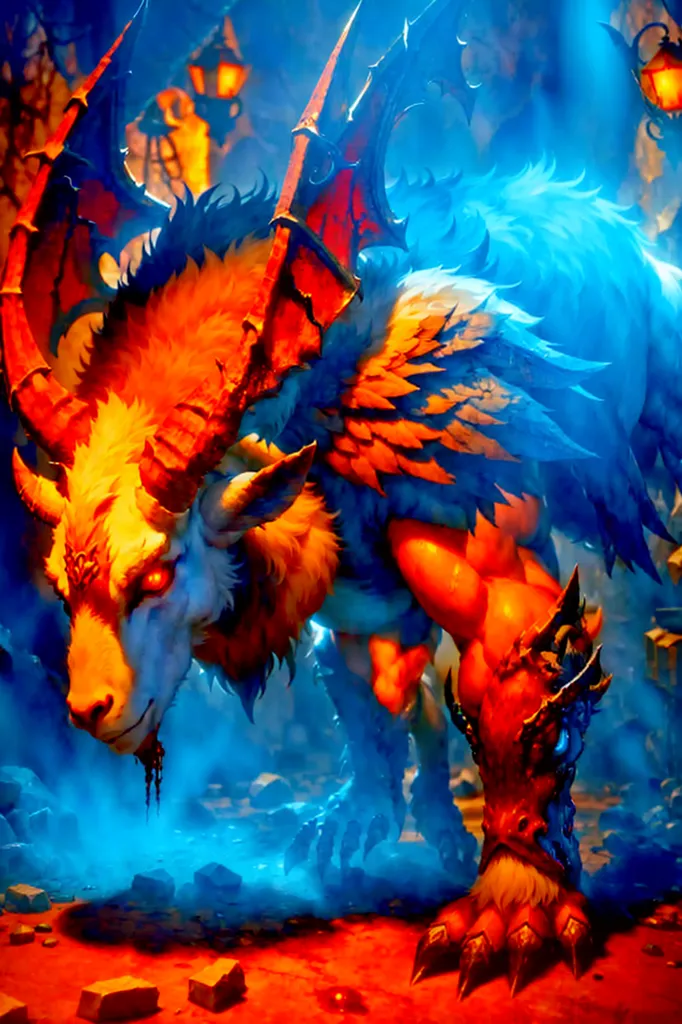 The image is a painting of a minotaur. It is a creature with the head and torso of a bull and the body of a man. The minotaur is standing on a rocky ground. It has a red and orange fur, and its wings are a light blue color. The minotaur is surrounded by a blue mist. There are two lanterns in the background.