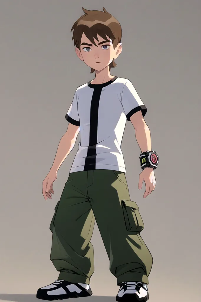 The image is of Ben Tennyson from the animated series Ben 10. He is a young boy with brown hair and green eyes. He is wearing a white shirt with a black stripe down the middle, green cargo pants, and black sneakers with white soles. He has the Omnitrix on his left wrist. The Omnitrix is a device that allows Ben to transform into different alien forms.