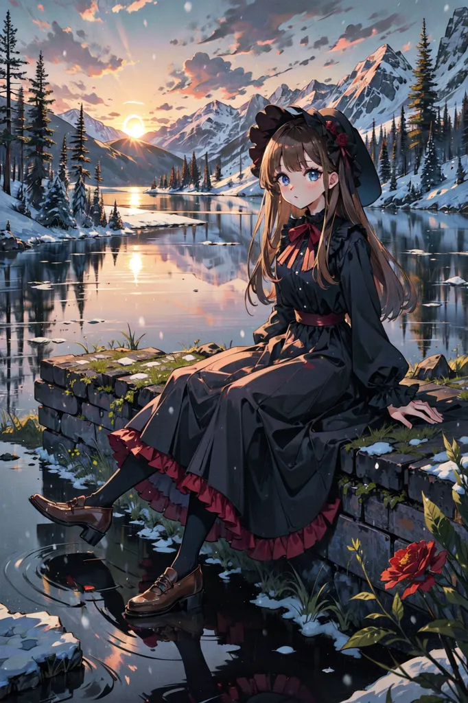 The image is a beautiful winter landscape. A girl in a black dress is sitting on a stone wall by a frozen lake. The sun is setting behind snow-capped mountains, casting a warm glow over the scene. The girl has brown hair and blue eyes, and she is wearing a black hat with a red ribbon. She is also wearing black shoes with red laces. The wall she is sitting on is made of gray stones, and there is a red flower growing in front of it. The lake is frozen, and there is snow on the ground. The trees are bare, and the mountains are covered in snow. The sky is a gradient of orange, yellow, pink, and blue. The image is peaceful and serene, and it captures the beauty of the winter season.