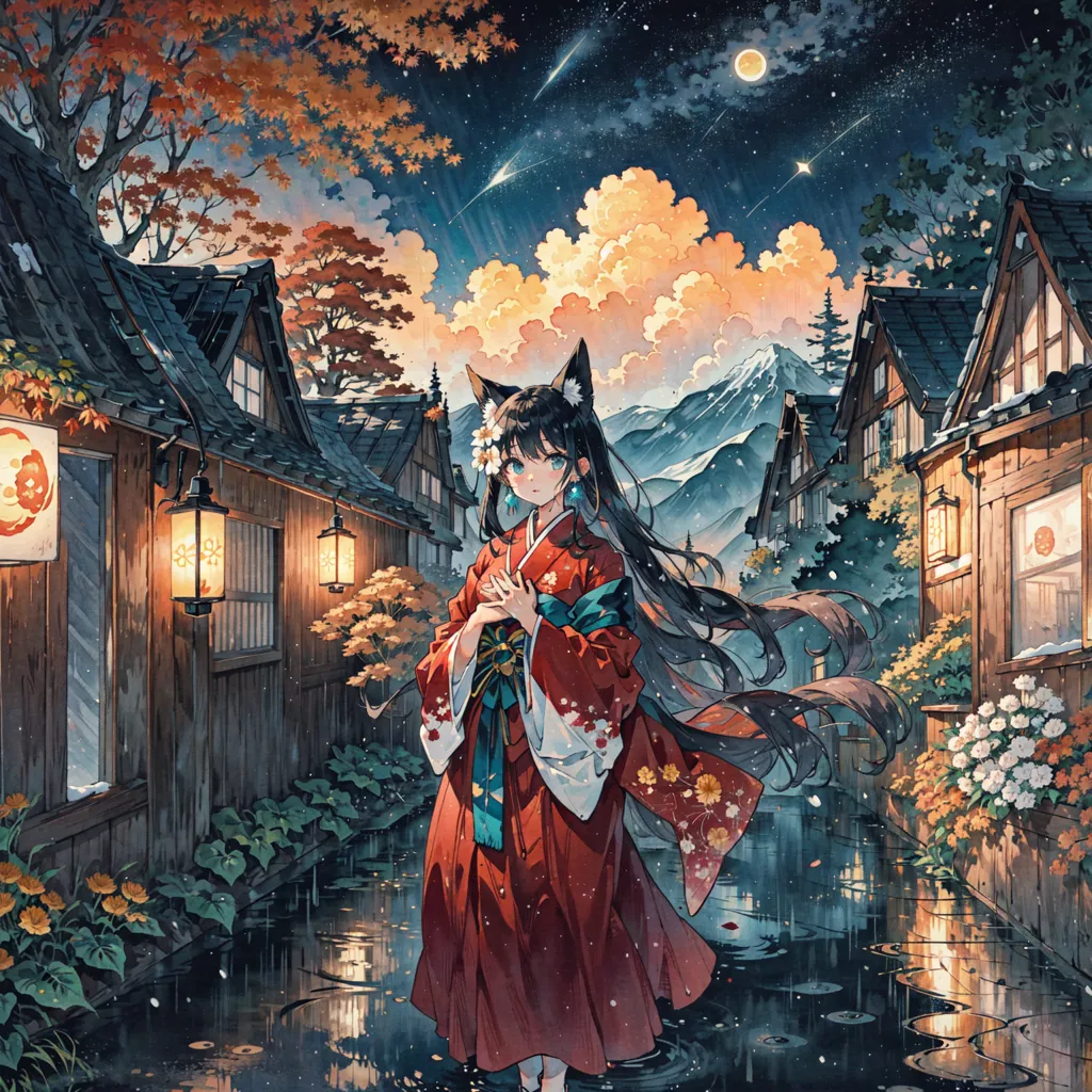 The image is a beautiful anime-style illustration of a girl with fox ears and a long, flowing tail, dressed in a traditional Japanese kimono with red and white floral patterns. She is standing in a street in a traditional Japanese town, surrounded by wooden houses and shops, with a full moon in the sky above. The street is wet from the rain, and the girl's kimono is slightly damp. She has a serene expression on her face, and she seems to be enjoying the rain. The image is full of vibrant colors and intricate details, and it captures the beauty and tranquility of a traditional Japanese town.